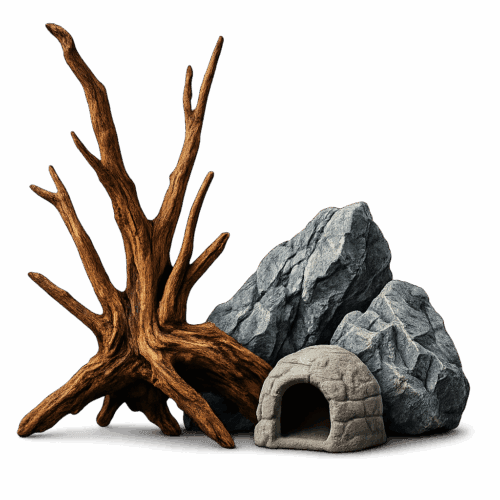 Decoración de acuario con madera y piedras